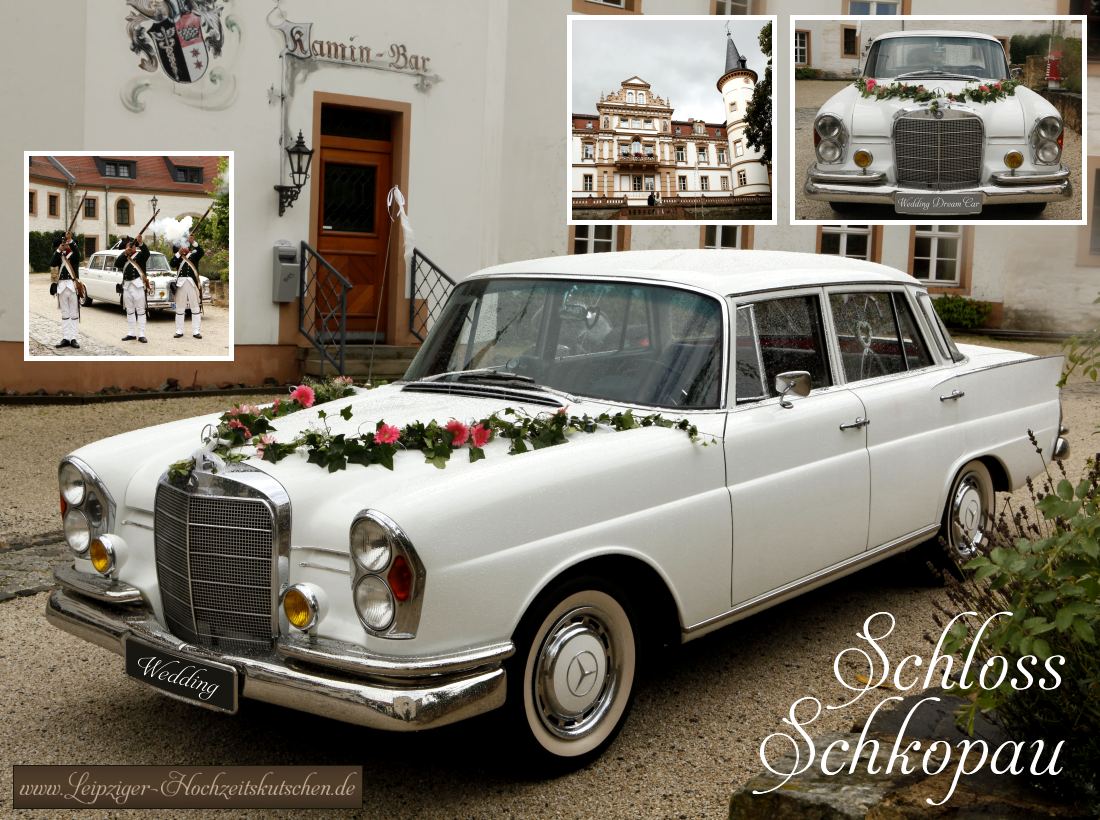 Bild: Mercedes Oldtimer Hochzeitsauto im Schlohotel Schkopau