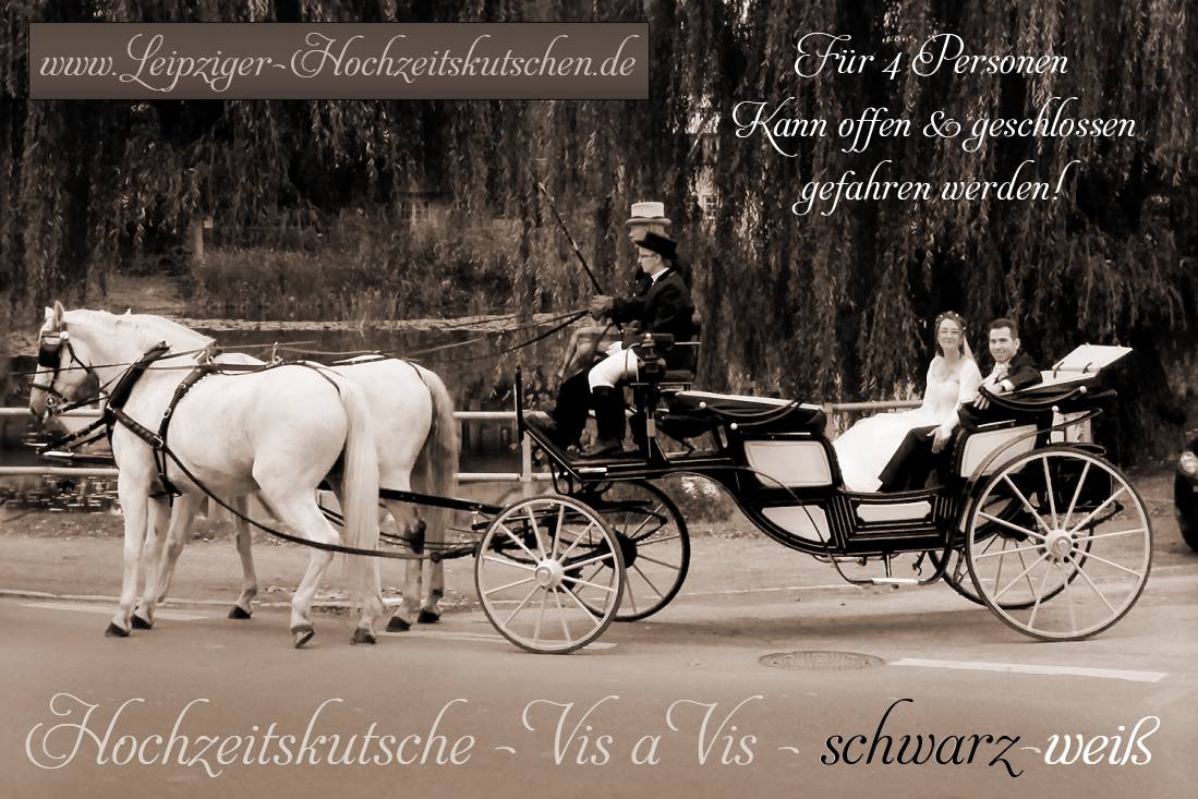 Offene schwarz-weie Vis-aVis Hochzeitskutsche am Schloss Delitzsch in Nordsachsen