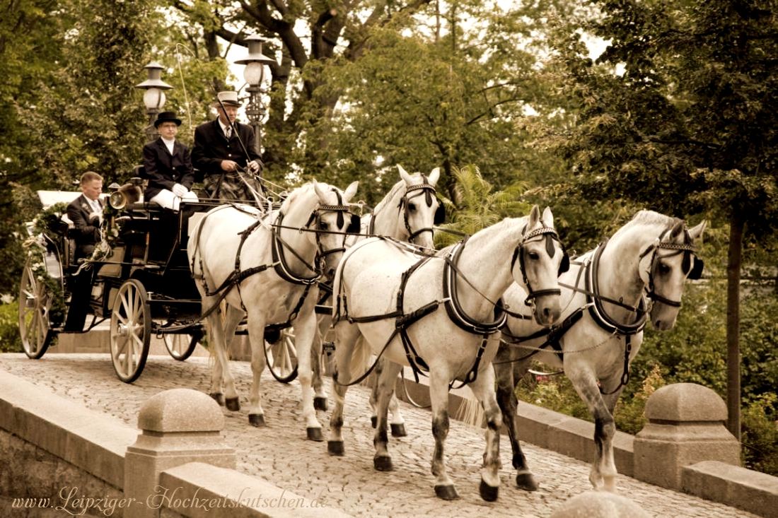 Foto: Brautpaar in der schwarzen offenen Hochzeitskutsche am Standehaus Merseburg.