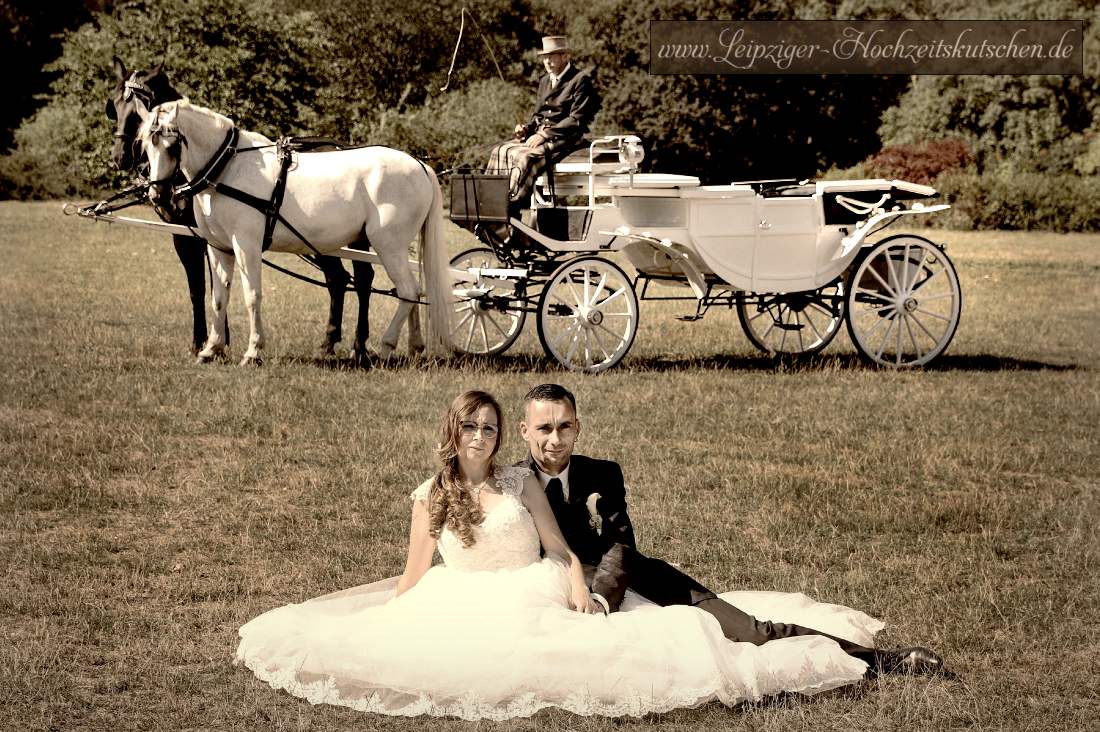 Fotoshooting im Markkleeberg mit weißer Hochzeitskutsche nach der Heirat im Weißen Haus